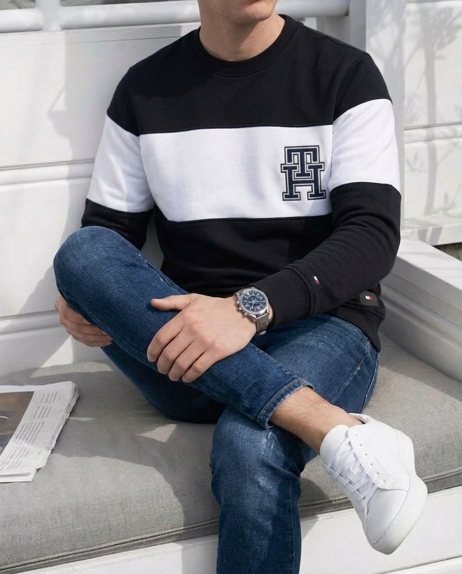 Sweat Col Rond Tommy Hilfiger Noir & Blanc